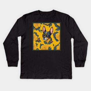 Dogs, Toy Terrier and flowers, dog, seamless print, style vector (yellow flowers & Toy Terrier #2) Kids Long Sleeve T-Shirt